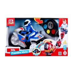 BB JUNIOR - MOTO FIRST RC - MOTO AVEC PILOTE ET TELECOMMANDE GUIDON -COURSE ROUGE ET COURSE BLEUE