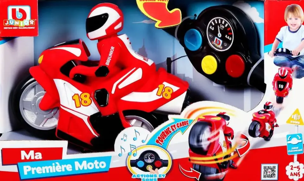 BB JUNIOR - MOTO FIRST RC - MOTO AVEC PILOTE ET TELECOMMANDE GUIDON -COURSE ROUGE ET COURSE BLEUE