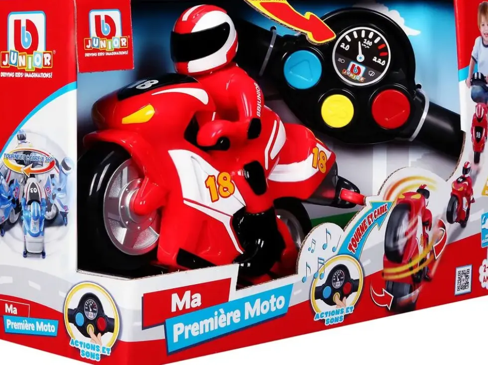 BB JUNIOR - MOTO FIRST RC - MOTO AVEC PILOTE ET TELECOMMANDE GUIDON -COURSE ROUGE ET COURSE BLEUE