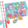 2 CANNES A PECHE 43 CM BOIS AVEC MOULINET + 10 POISSONS BOIS