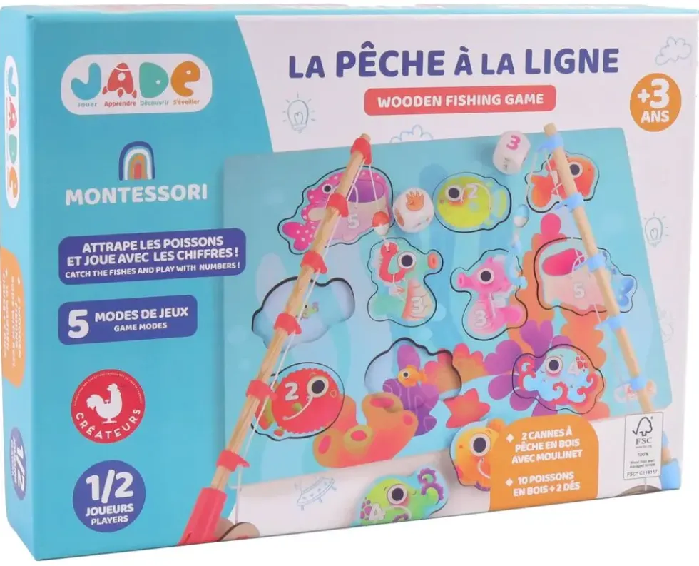 2 CANNES A PECHE 43 CM BOIS AVEC MOULINET + 10 POISSONS BOIS