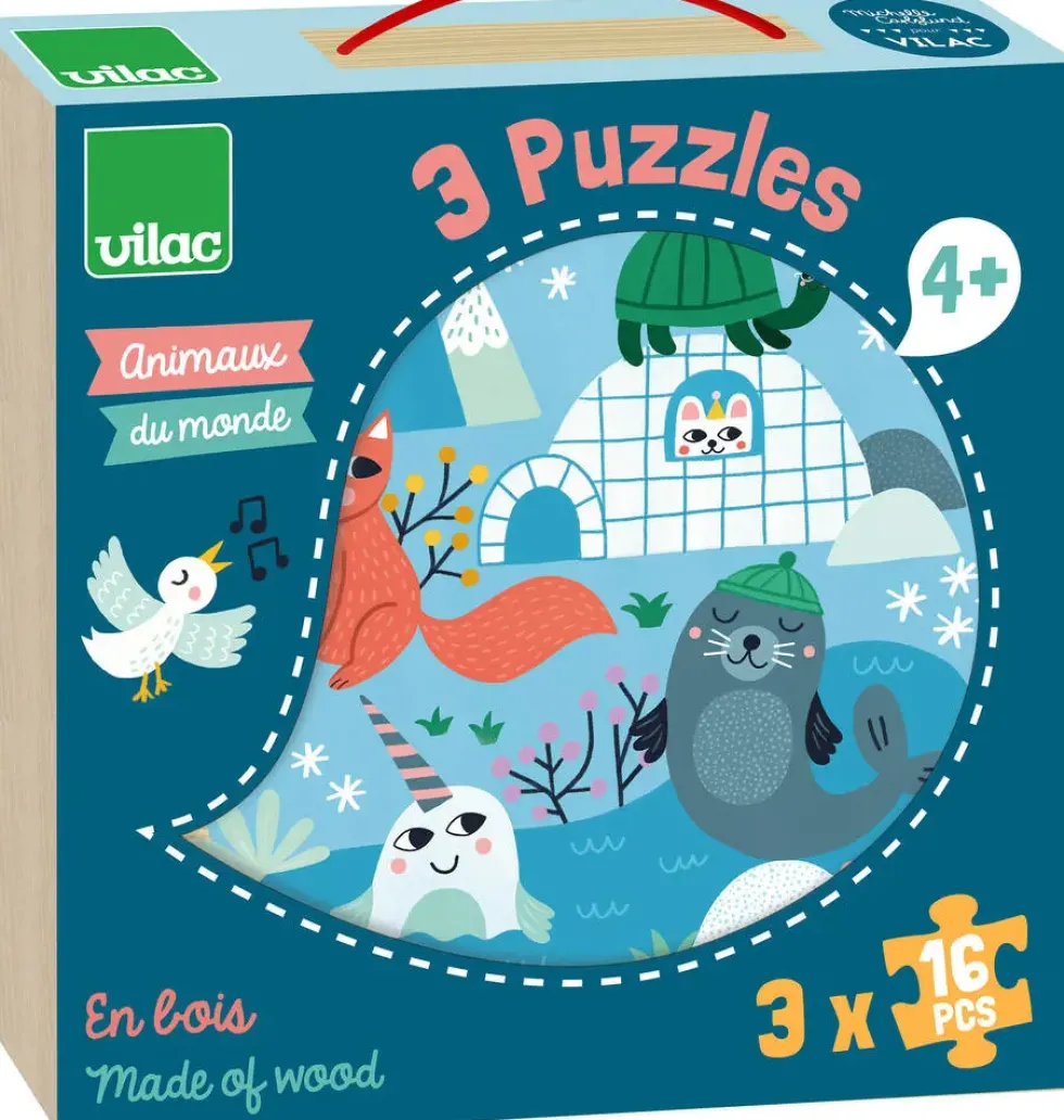 COFFRET PUZZLES EN BOIS 3X16 PIECES ANIMAUX DU MONDE