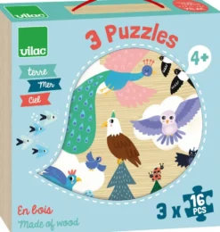 COFFRET PUZZLES EN BOIS 3X16 PIECES TERRE - MER - CIEL