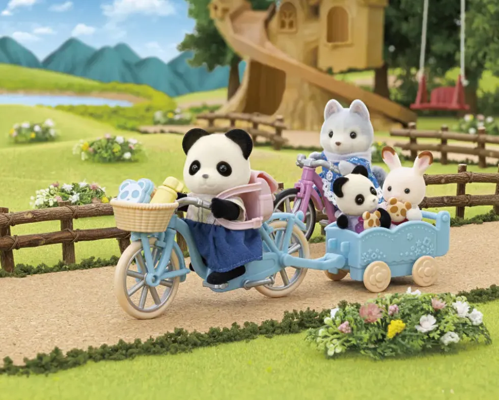 LA FILLE PANDA ET SON VELO AVEC SA REMORQUE - SYLVANIAN VEHICULES