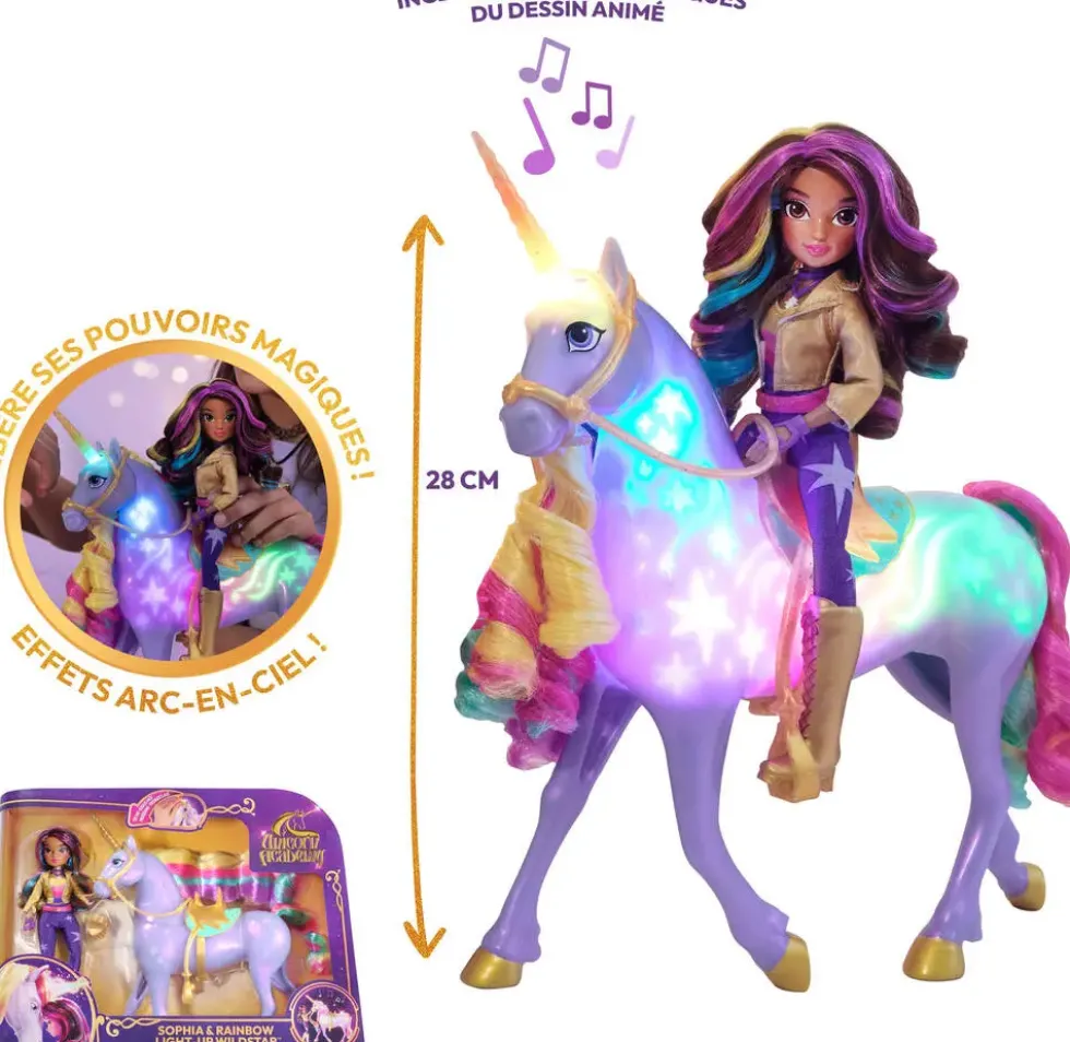 L'ECOLE DES LICORNES - LICORNE A FONCTIONS 28 CM WILDSTAR ET POUPEE 24 CM
