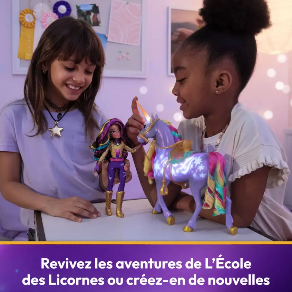 L'ECOLE DES LICORNES - LICORNE A FONCTIONS 28 CM WILDSTAR ET POUPEE 24 CM
