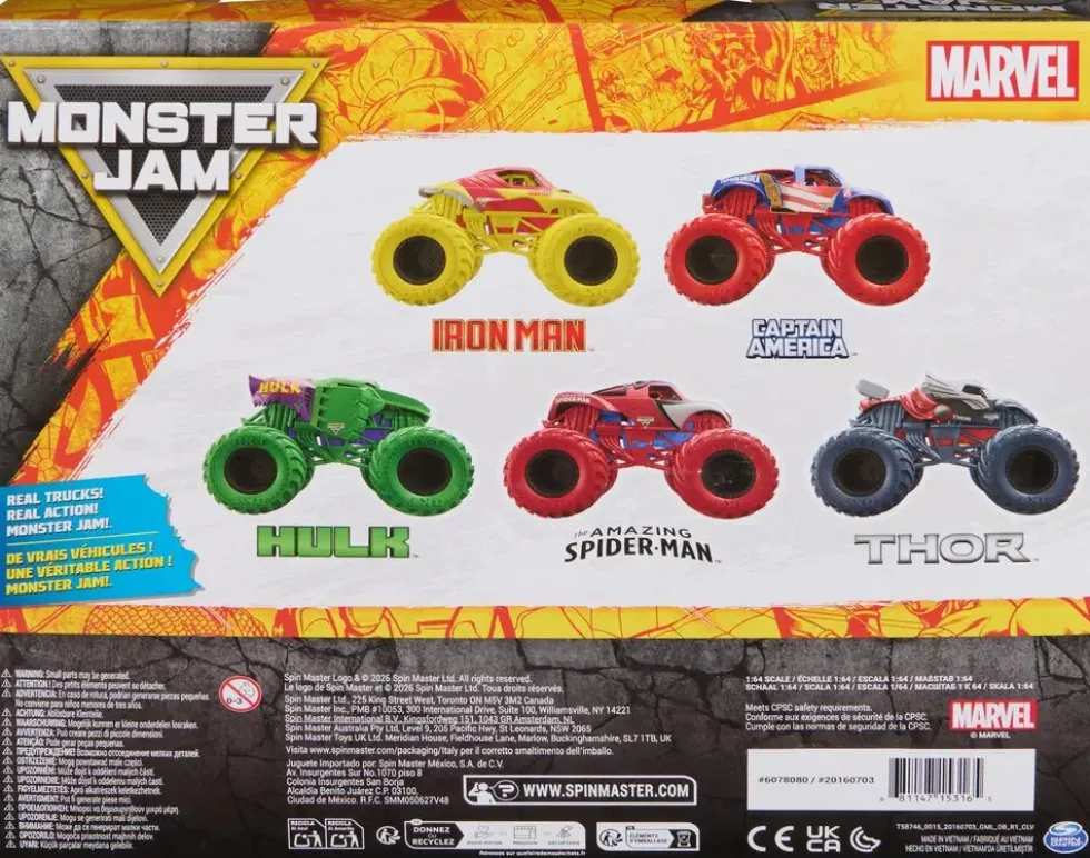 1:64 MONSTER JAM PACK DE 5 VEHICULES MARVEL DIE-CAST