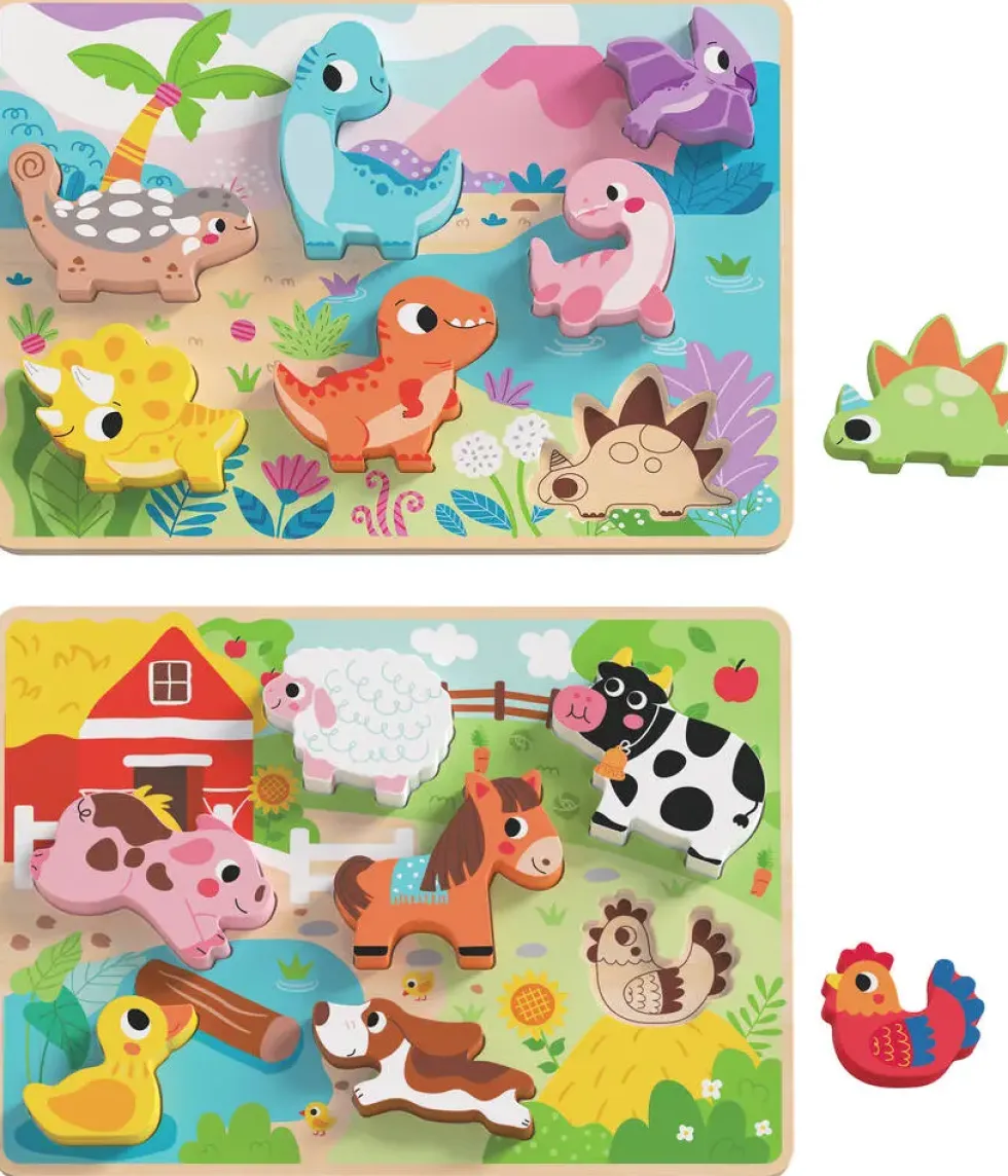 PUZZLE 7 PIECES - FERME ET DINOSAURES EN BOIS